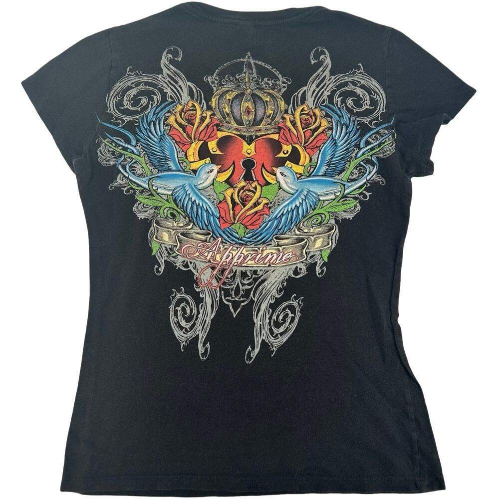 VTG y2k Women's Affliction Style Apprime Birds Heart Angel Wings T Shirt Size M